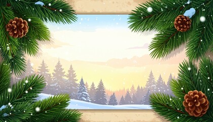 Winter forest landscape with pine branches and falling snow.