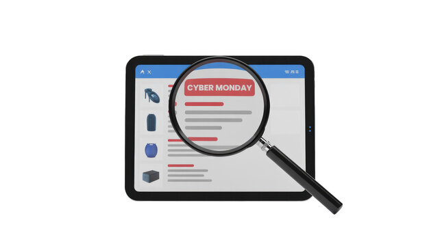 A magnifying glass hovers over a tablet screen displaying "CYBER MONDAY" in a search bar, indicating online shopping for deals. background removed