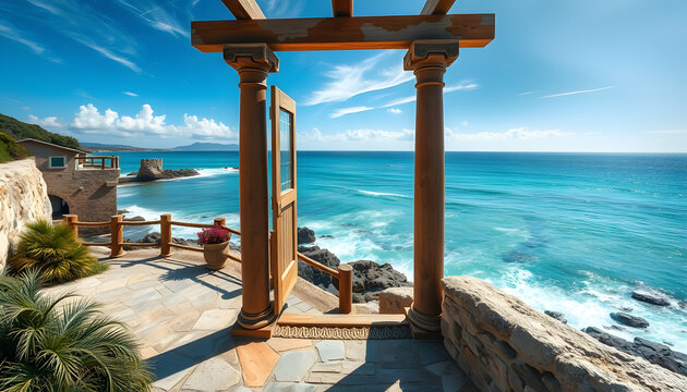 Beautiful collage with access to the sea. Digital collage, mural, wallpaper. Poster design, graphic novel art. White tone