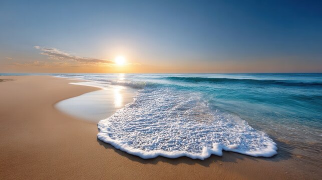 A serene beach scene with gentle waves lapping at the shore under a bright sunset sky.