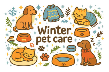Obraz premium Cozy Winter Pet Care. Winter pet care. Hand-drawn doodle illustration of Winter pet care. dogs, cats, cozy