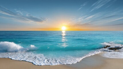 A serene beach scene at sunrise, featuring turquoise waters gently lapping against a sandy shore under a clear blue sky.