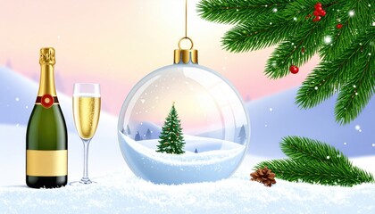 Festive Christmas Celebration with Champagne and Snowy Winter Scene Ornament.