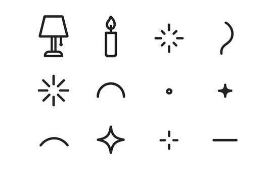 Lighting Icon Set. Lighting elements. Line outline icon set of Lighting elements: bedside lamp, candle, tiny