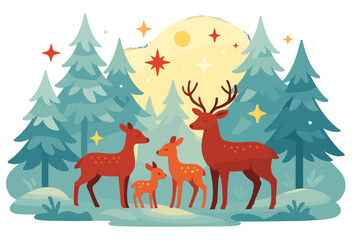 Ethereal Winter Woodland. Peaceful winter woodland. Deer family standing quietly among frost-covered pines,