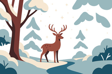 Fototapeta premium Winter Forest Serenity. Evening forest walk. Deer framed by snow-laden trees under dim winter light, tiny