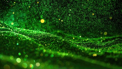 Abstract shimmering green particles and bokeh lights forming undulating waves on a dark background.