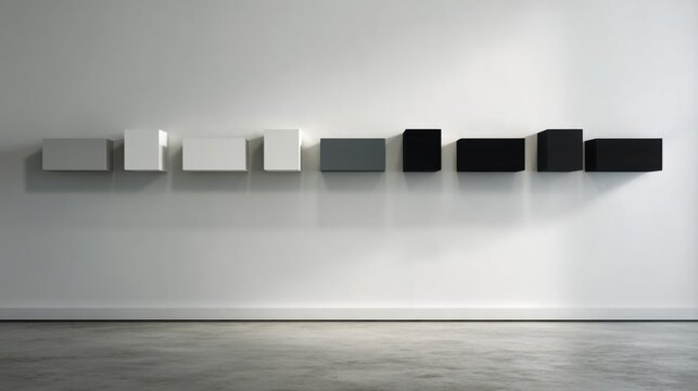 A minimalist interior wall features seven square-shaped objects arranged horizontally at varying heights,