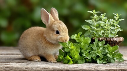 Fototapeta premium A cute rabbit nibbling on fresh greenery, showcasing a peaceful moment in nature with vibrant green herbs.