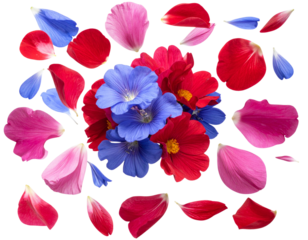 Red, Blue, and Pink Flowers with Falling Petals in Mid-Air, Front View, Isolated PNG