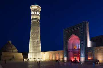 A view of the ancient Poi-Kalon Madrasah on a September night. Historic Center of Bukhara