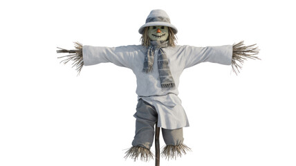 Obraz premium A cheerful scarecrow dressed in white and grey, featuring a hat, scarf, and straw limbs, stands ready to protect crops. background removed