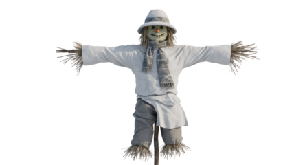 A cheerful scarecrow dressed in white and grey, featuring a hat, scarf, and straw limbs, stands ready to protect crops. background removed