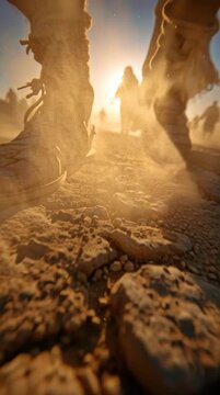 Echoes of the Desert March: A compelling image capturing a regiment of soldiers traversing a rugged desert landscape, the midday sun casts long shadows.