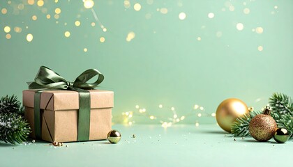 Elegant Christmas gift box with festive bokeh lights and pine branches.