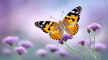 Fototapeta premium A vibrant butterfly perched on purple flowers against a soft pastel background, showcasing nature's beauty and intricate patterns.