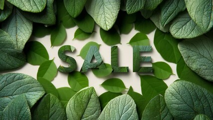 Text sale surrounded by lush green leaves and plants, with small green leaves, concept of shopping, discounts