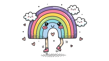 Colorful Cartoon Rainbow: An adorable cartoon rainbow, radiating positivity, complete with charming expressions and delightful heart accents. A whimsical illustration of joy and happiness.