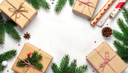 Festive Christmas flat lay arrangement with kraft paper gifts and natural evergreen branches.