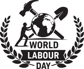 World Labour Day emblem with globe, tools, worker and laurel wreath logo
