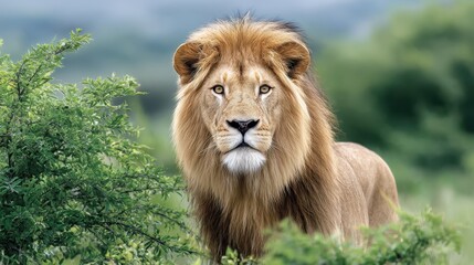A majestic lion stands proudly among green foliage, showcasing its powerful presence and striking features in a natural habitat.