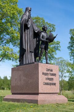 HOPYLEVO, RUSSIA - MAY 24, 2024: Monument to Saints Fyodor Ushakov and Fyodor Sanaksarsky is close-up on a sunny May day. Yaroslavl region