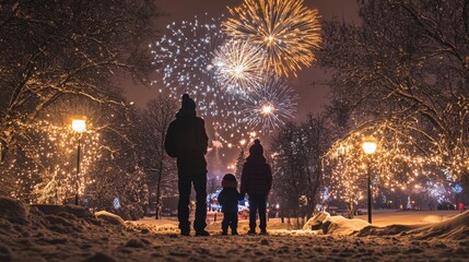 A Joyful Family Embracing Each Other in a Beautiful Winter Wonderland Surrounded by Festive Lights and Cheer
