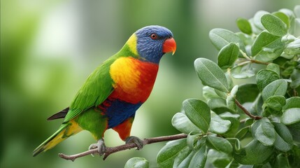 A colorful parrot perched on a branch, surrounded by lush green leaves, showcasing vibrant feathers in shades of blue, green, yellow, and orange.
