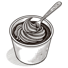 Black and white drawing of a cup filled with a swirled dessert with a spoon resting inside of it