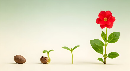 The metamorphosis of a vibrant red flower from a seed symbolizes growth and potential