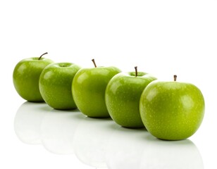 Five green apples aligned in a row, showing light reflections from the surface on a white background