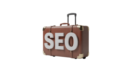 A vintage brown suitcase featuring 'SEO' in prominent white 3D letters, symbolizing the journey or package of Search Engine Optimization. background removed
