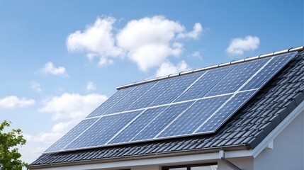 Naklejka premium Installation of photovoltaic solar panels on a residential roof harnessing sunlight for clean renewable energy production against a backdrop of a bright blue sky with scattered clouds
