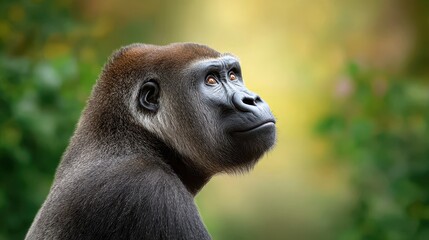 Naklejka premium A close-up of a gorilla's profile, showcasing its expressive face and strong features against a blurred natural background.