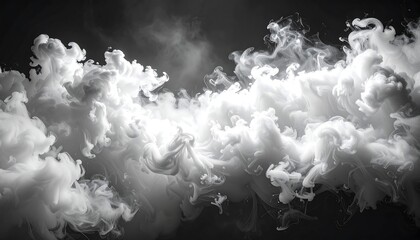 Ethereal, grayscale cloudscape with billowing white smoke ascending against a stark dark background, creating dreamy contrast