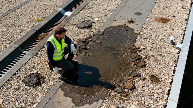 Inspector evaluates gravelcovered flat roof for water pooling and debris accumulation highlighting surface drainage and maintenance needs.