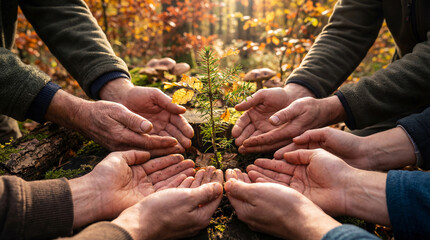 Group of diverse hands protecting a young tree sapling in forest sunlight, symbolizing teamwork, conservation and environmental care