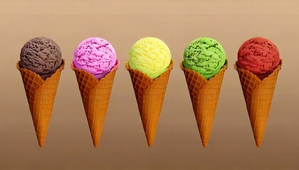 Five ice cream cones, each a different pastel color, arranged in a row on a light brown background