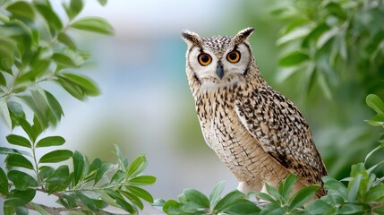 Obraz premium A majestic owl perches among lush green leaves, showcasing its striking yellow eyes and intricate feather patterns.
