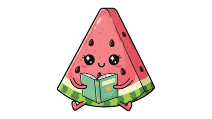 Melon's Literary Delight: An adorable cartoon watermelon slice is absorbed in a good book, its vibrant colors and playful design captivating and enchanting.