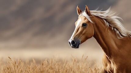 Obraz premium A majestic horse gallops through golden grass, with a blurred background of rolling hills, capturing the essence of freedom and nature's beauty.