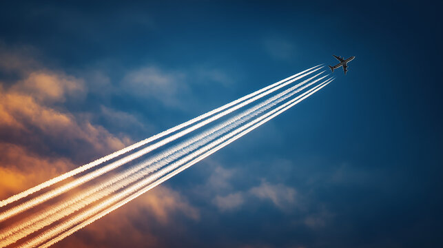 contrail. Airplane ascending into the sky at sunset with white contrails and motion blur effect. inspiring travel planning, mobility guides, designed for mobility and urban transit guides.
