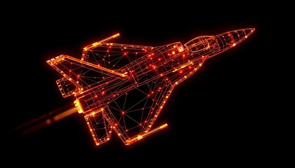 Futuristic Wireframe Jet Fighter with Glowing Orange Network Lines and Exhaust Trail aircraft airplane