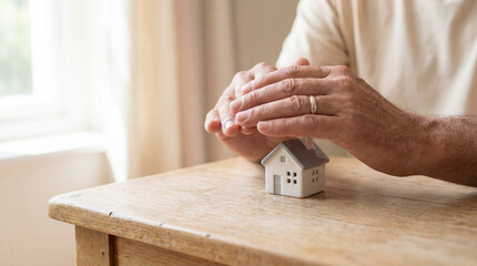 senior man gently protecting small house model with both hands on wooden table near bright window, symbolizing home safety and care