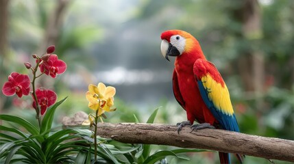 Obraz premium A vibrant parrot perches on a branch surrounded by colorful orchids, showcasing nature's beauty in a lush, tropical setting.