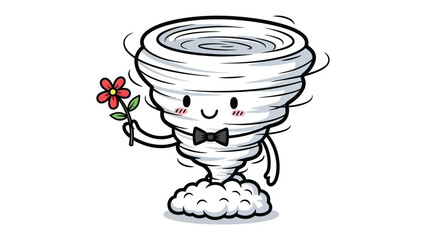 Whimsical Tornado's Gift: A cheerful tornado character, a symbol of nature's playful side, extends a delicate flower in a gesture of friendly charm.