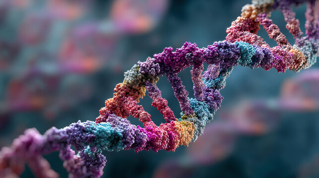 A detailed view of a DNA double helix, revealing its intricate structure and colorful composition. It symbolizes life, genetics, and scientific advancement