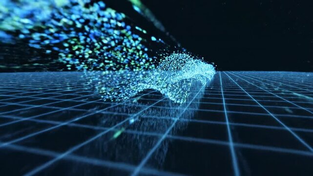 Grid-based digital signal flow where countless blue and green particles swiftly trace a massive sinusoidal wave path for data transmission global, connectivity, particles