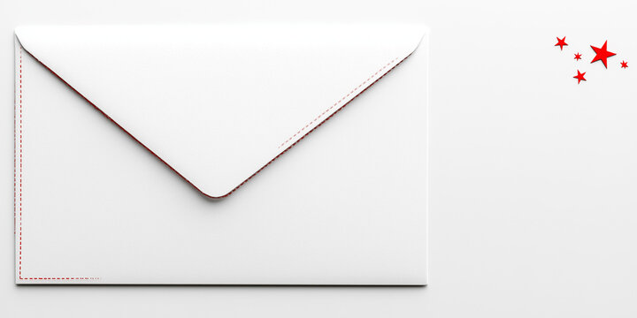 white envelope adorned with red stars, minimalistic flat design, soft gray background, clean lines, appealing simplicity, suitable for stationery branding, festive invitations, social media promotions