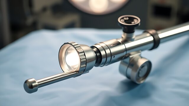 laparoscope. Slender laparoscope with polished metal surface reflecting light, on a medical tray with professional lighting. product launch decks.